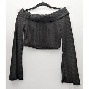 Ribbed Off the Shoulder Cropped Sweater with Bell Sleeves - Gothic Boho, Y2K